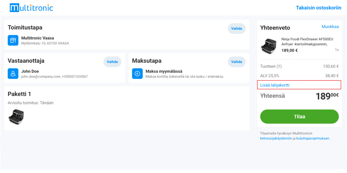 Lahjakortin käyttö Multitronic-verkkokaupassa