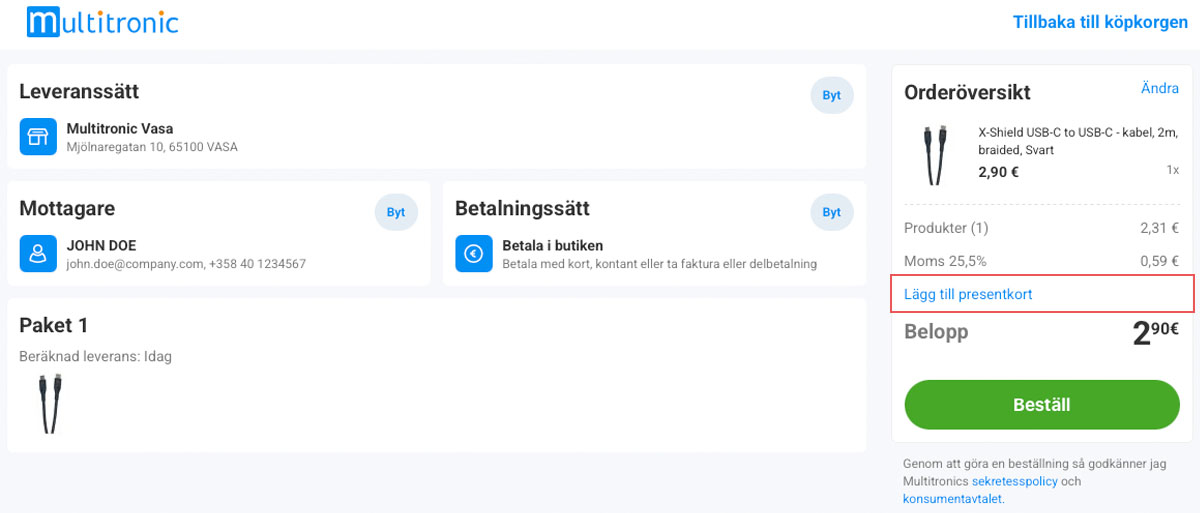 Användning av presentkort i Multitronics webbutik