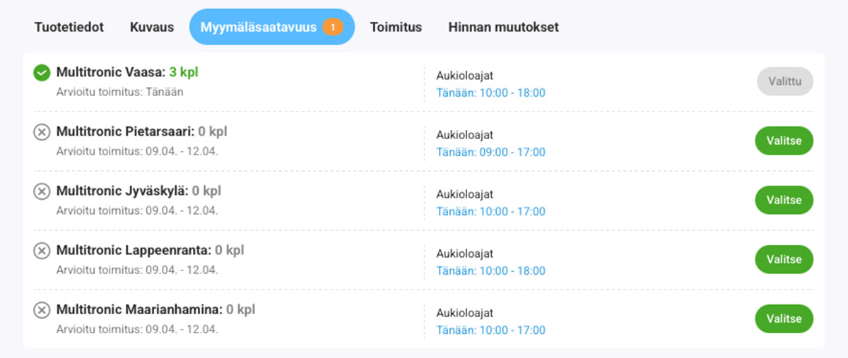 Tuotteiden myymäläsaatavuus tuotesivuilla