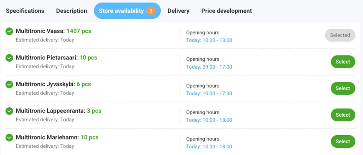 Product availability in Multitronic stores