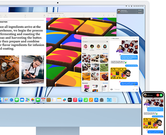 iMac next to an iPhone, showing Continuity feature by sharing a text conversation and photos between iPhone and iMac.