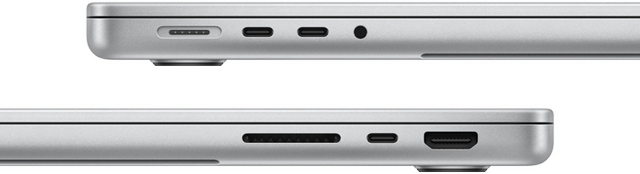 Sivunäkymä M3 Pro ‑sirulla varustetusta 14 tuuman MacBook Prosta, kuvassa portit: vasen puoli, MagSafe-portti, kaksi Thunderbolt 4 ‑porttia ja kuulokeliitäntä, oikea puoli, SDXC-korttipaikka, yksi Thunderbolt 4 ‑portti ja HDMI-portti