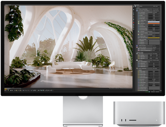 Studio Display och Mac Studio, sedda framifrån