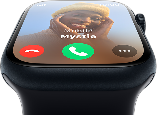 Etunäkymä Apple Watchista, näkyvillä saapuvan puhelun näyttö.