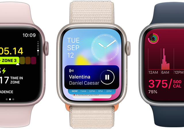 Etunäkymä viidestä Apple Watchista näyttää enemmän tietoa watchOS 10 ‑päivityksen ansiosta.
