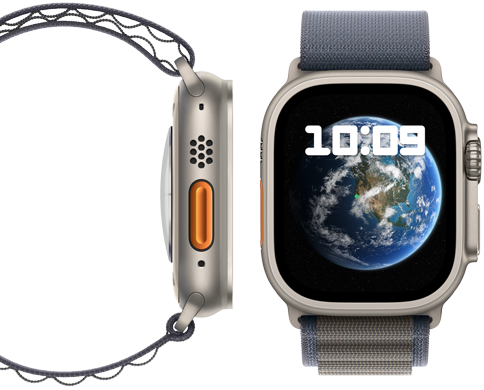 Front and side view of the new carbon-neutral Apple Watch Ultra 2